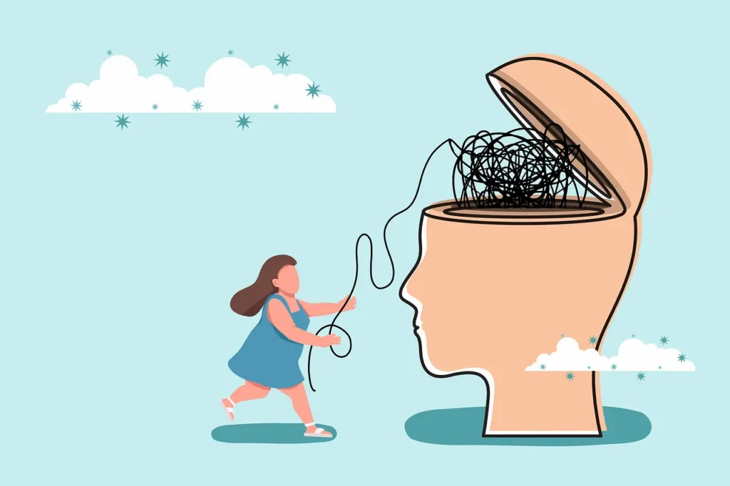 Djevojka izvlači niti iz velike glave, simbol otkrivanja nesvjesnih sadržaja i unutarnjih procesa kroz psihoterapiju.